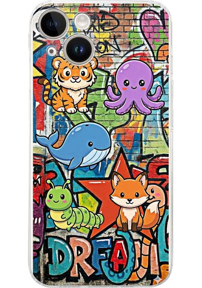 Apple Uyumlu iPhone 14 İle Grafiti Mini Tasarımlı Şeffaf Silikon Kılıf Şeffaf