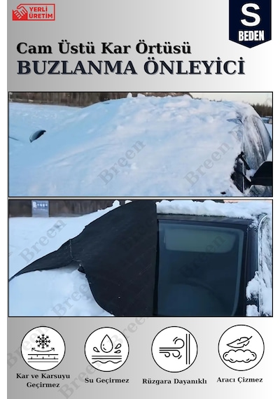 Buzlanma Önleyici- Siyah S Beden Araba Cam Üstü Kar Örtüsü, Su Geçirmez- Ön Ve Yan Cam Koruma Siyah - S Beden