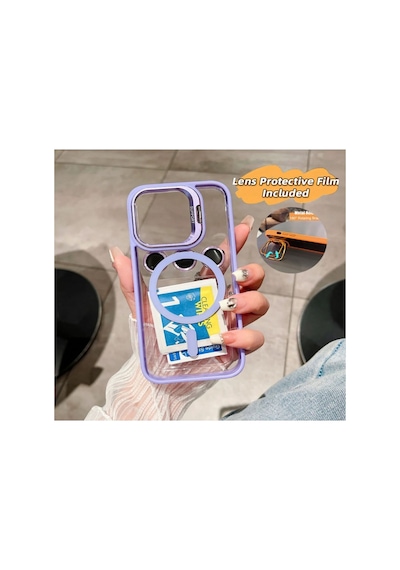 Apple iPhone Uyumlu 15 Pro Max Kılıf Magsafe Krom Mika Kapak Renkli Silikon +lens Koruyucu Cam Set Kamera Standlı Renk008