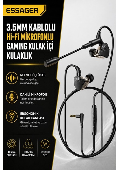Essager 1.2 Metre 3.5mm Kablolu Hi-fi Mikrofonlu Gaming Kulak İçi Kulaklık 10mm Grafen Sürücü, Gecikmesiz Kulaklık