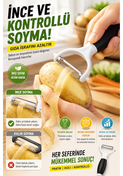 Siyah Saplı Sapan Soyacak Paslanmaz Çelik Sebze Meyve Soyucu Ergonomik Pratik Mutfak Aparatı