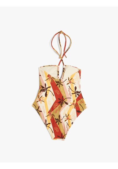 Koton Çiçekli Halter Yaka Mayokini Astarlı Çıkarılabilir Pedli Kahverengi Desenli 4sak20130mm Kahverengi