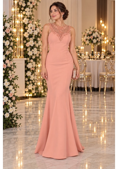Gül&can Butik Pudra Pembesi Taş İşlemeli Balık Abiye Elbise Pembe
