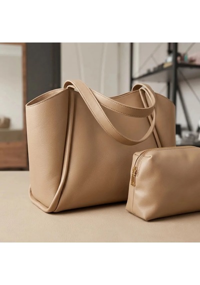 Zennamoda Bej Yumuşak Deri Omuz Çantası 31x24 Cm Ekstra Makyaj Çantalı Günlük Kadın Çanta Çok Renkli