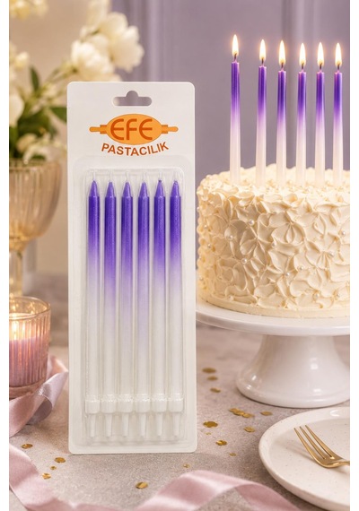 Metalik Beyaz Mor Uzun Pasta Mumu 17 Cm Karışık