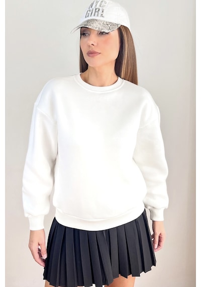 Kadın Cozy İçi Polarlı Ekru Basic Bisiklet Yaka Pamuklu Kalın Örme Sweatshirt Ekru