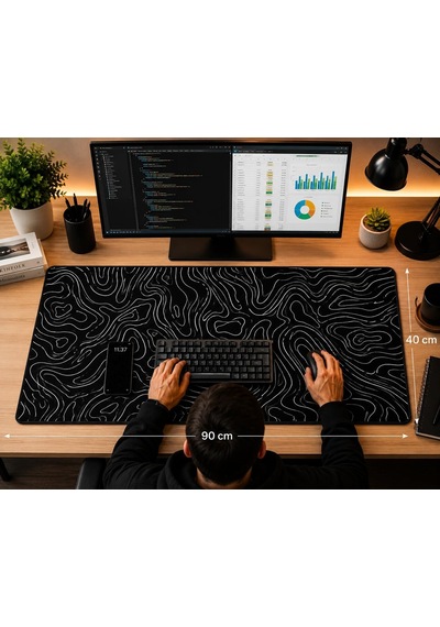 90x40 Cm Mouse Pad, Beyaz Topografik Kontur Desenli Büyük Mouse Pad, Kaymaz Kauçuk Tabanlı, Dikişli Kenarlı 3 Mm Klavye Ve Mouse Altlığı, Minimal Desk Mat