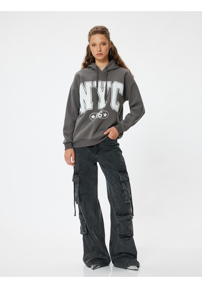 Koton Oversize Kapüşonlu Sweatshirt Kolej Baskılı Şardonlu Antrasit 5wal10165ık Antrasit
