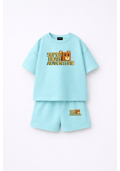 Fasardi Super Bear Adventure Süper Ayı Baskılı Oversize %100 Pamuk Tişört Şort 2li Çocuk Takım Bebek Mavi