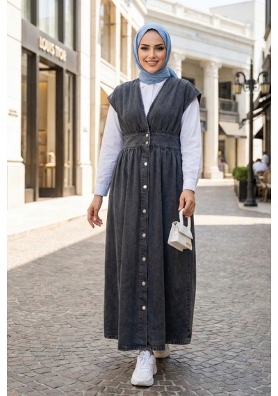 Hb Harma Time Butik Kadın V Yaka Düğmeli Kot Siyah Jile