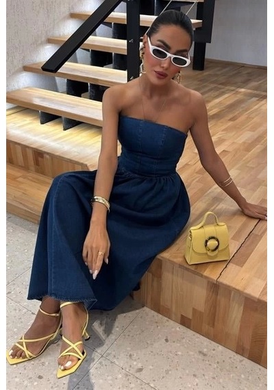 Defymoda Beli Pileli Straplez Denim Elbise 2886 Denim