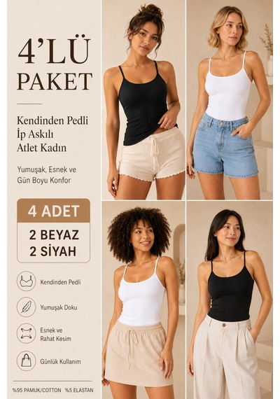 Loule Kadın 4'lü İp Askılı Pedli Atlet 2 Si Yah-2 Beyaz %95 Pamuk Çok Renkli