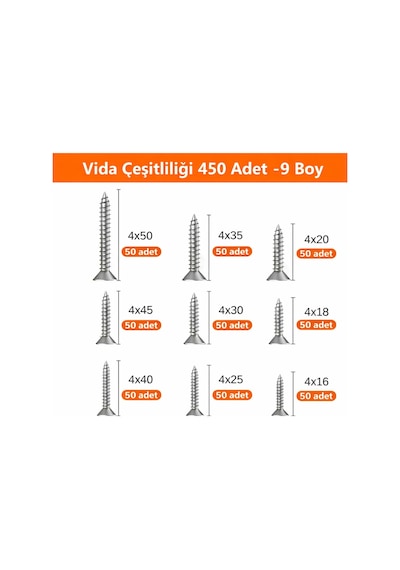 Ağaç Ve Sunta Vidası Seti 450 Adet 9 Boy Dayanıklı Çelik Vida Seti 1