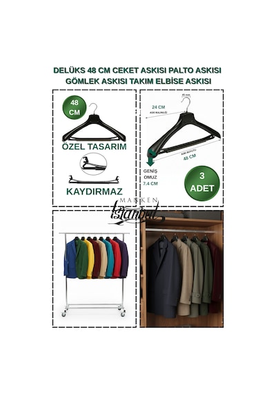 Ceket Askısı 48 Cm Kaydırmaz Geniş Omuz Takım Elbise Palto Askısı Gardırop Mağaza İçin 3 Adet Diğer