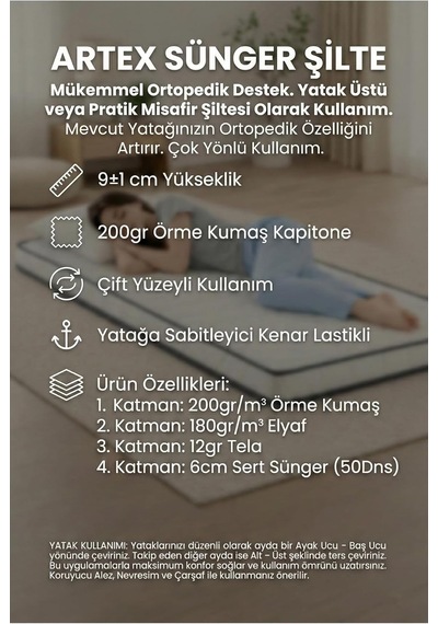Artex Sünger Şilte 150x200 Yer Yatağı 9 +-1cm Cm Ped Yatak Şiltesi Pedi Topper Mattress Genel