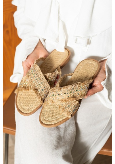Dabab Shoes İnka Kadın Hasır Dokulu Kuş Gözü Detaylı Düz Bej Terlik