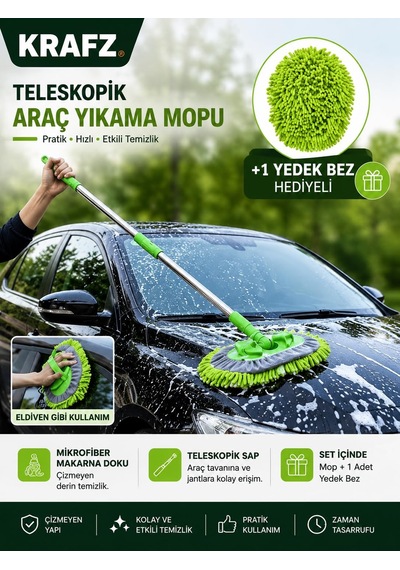 Lexroo Krafz Alüminyum Gövdeli Teleskopik Araç Yıkama Mopu Uzayab