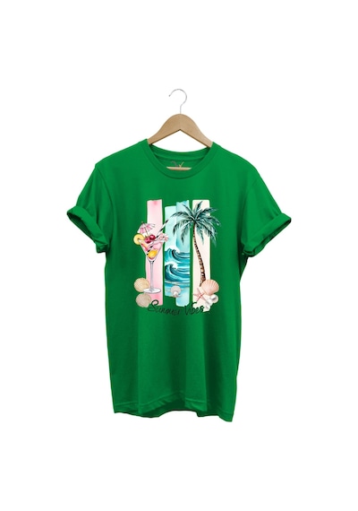Summer Vibes Yaz Temalı Kokteyl, Palmiye Ve Deniz Desenli %100 Pamuk Regular Fit T-shirt Yeşil