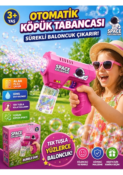 Space Exploration Pilli Baloncuk Tabancası Otomatik Köpük Çıkaran Eğlence Tabancası Pembe