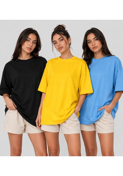 Polymood 3'lü Set Oversize %100 Organik Pamuk Yuvarlak Yakalı Bol Kesim T-shirt Siyah-sarı-mavi Polymood 3'lü Set Oversize %100 Organik Pamuk Yuvarlak Yakalı Bol Kesim T-shirt Siyah-sarı-mavi