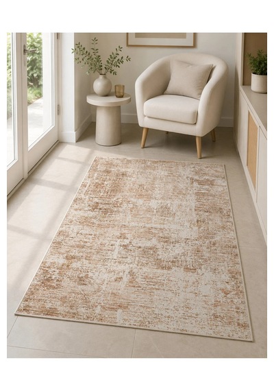 Sahra Collection Modern Vintage Desenli Eskitme Dokuma Yumuşak Salon Halısı Krem - Turuncu