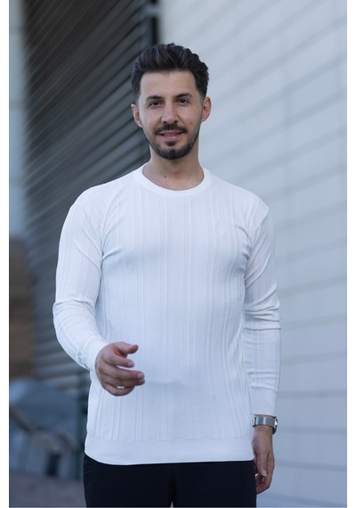 Hk Premium Kazak Fitilli Bisiklet Yaka Slim Fit Triko Beyaz