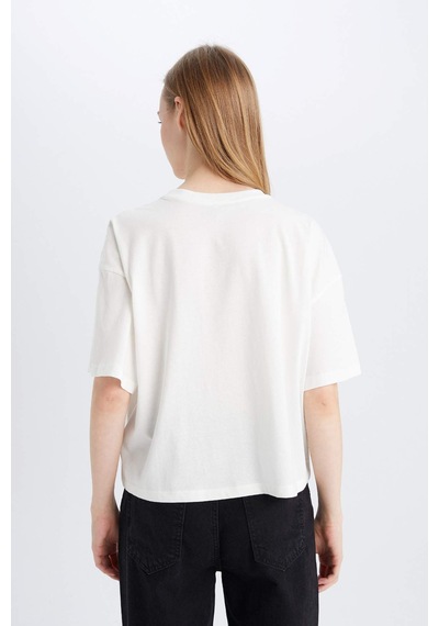 DeFacto Coool Loose Fit Bisiklet Yaka Basic Düz Kalın Kumaş Kısa Kollu Beyaz Tişört E0291AX25SMWT32