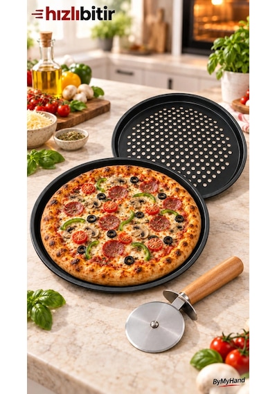 Bymyhand Teflon Kaplama Siyah Yanmaz Yapışmaz Pizza Tepsisi 2'li Set 28 32 Cm Pizza Kesici Hediyeli