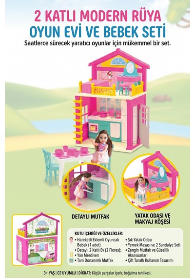 2 Katlı Eşyalı Oyuncak Ev Ve Bebek Seti - Tam Donanımlı Pembe Evcilik Oyun Seti