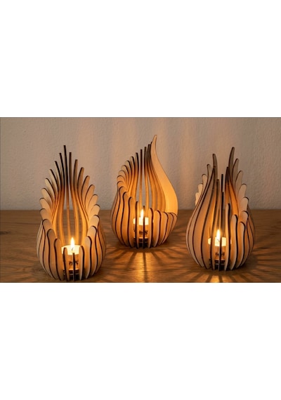 Ateş 3'lü Tealight Mumluk Ahşap Mumluk + Led Pilli Mum Ham Mdf