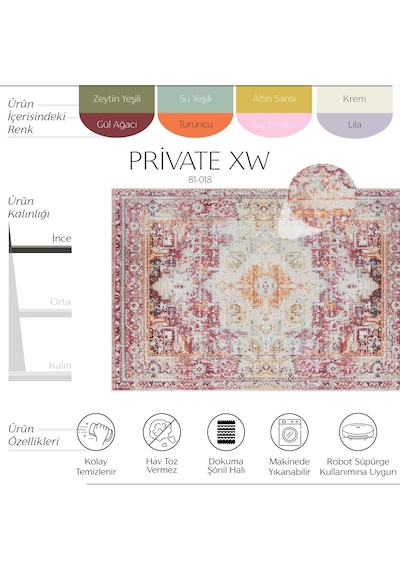 Cool Halı Private Xw Gül Kurusu Rengi Vintage Eskitme İnce Yıkanabilir Şönil Oturma Odası Halısı Krem