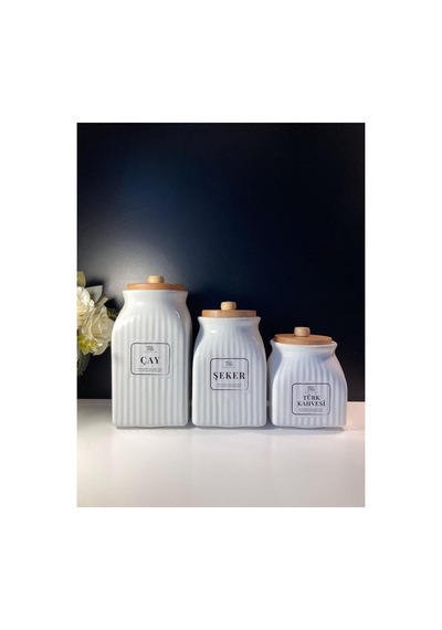 3 Boy Bambu Vakumlu Porselen Çay Şeker Kahve Kavanozu 3'lu Saklama Takımı 1000ml,750ml,500ml Beyaz Beyaz