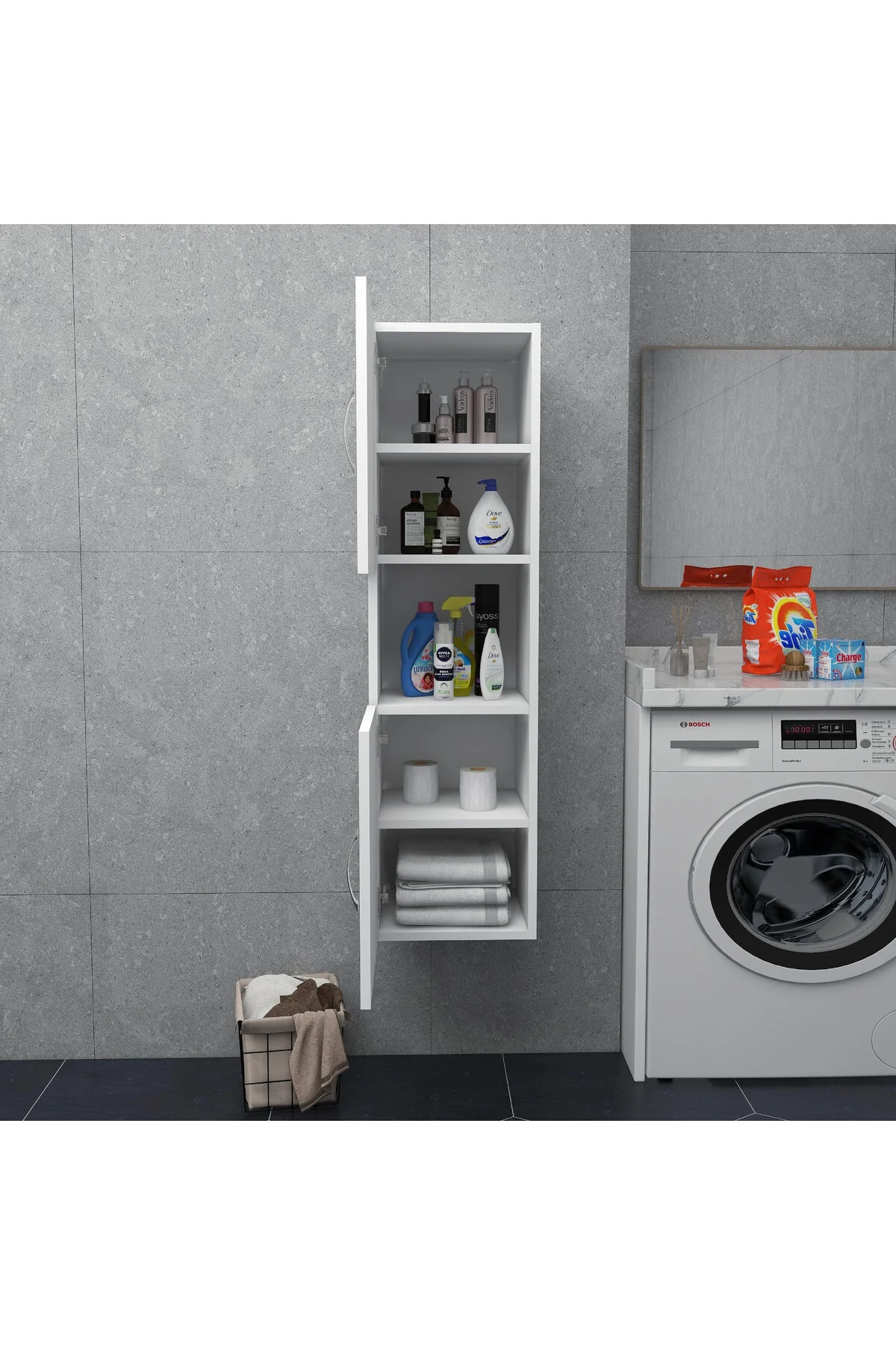 Irmak Mobilya 2 Kapaklı Bölmeli Banyo Asma Boy Dolabı Çok Amaçlı Duvara Monteli Dolap Beyaz