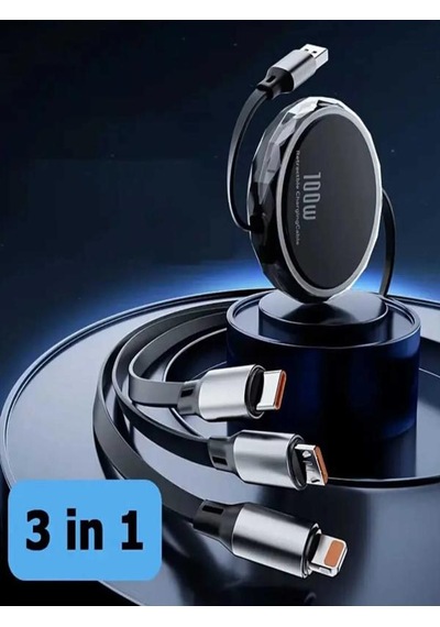 Arenist 100w Watt 3in1 Usb Kablosu Type-c Lightning Micro 3ü1 Arada Usb Kablosu Makara Özellikli