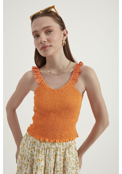 Hiccup V Yaka Fermuarlı Crop Top Turuncu