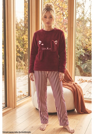Siyah İnci Bordo Nakışlı Üst Wellsoft Alt Polar Kışlık Örme Pijama Takım 26221702