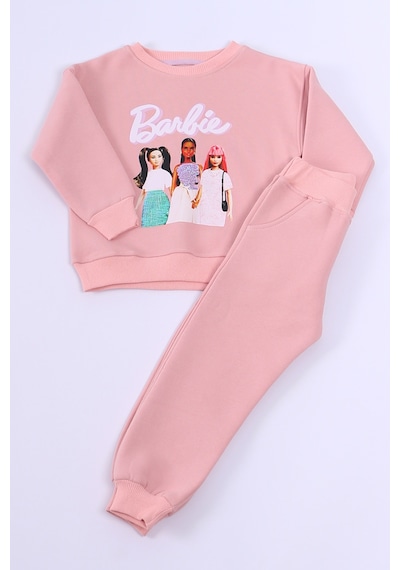 Kız Çocuk Eşofman Takımı Barbie Baskılı Pul Payetli A59 Yavruağzı