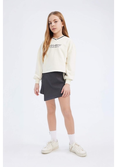 DeFacto Kız Çocuk 2'li Takım Baskılı Sweatshirt Şort Etek D9232A825SPER85 Ekru