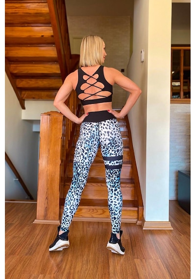 Lismina Bacağı Ve Beli Siyah Şeritli Leopar Desen Spor Tayt Mavi