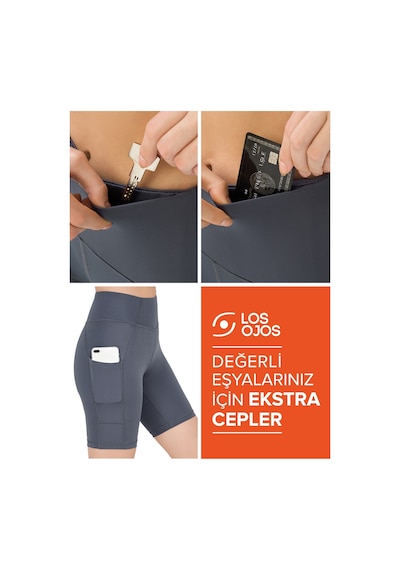 Los Ojos Kadın Antrasit Yüksek Bel Toparlayıcı Çift Cepli Biker Şort Kısa Spor Tayt Antrasit