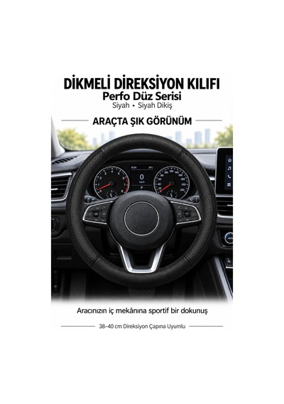 Trobus Audi A6 2019-2025 Uyumlu Dikmeli Direksiyon Kılıfı Perfo Düz Siyah Siyah Dikiş Siyah - Siyah Dikiş