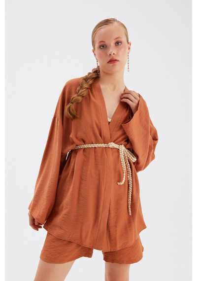 Sateen Kuşak Detaylı Salaş Kimono- Taba