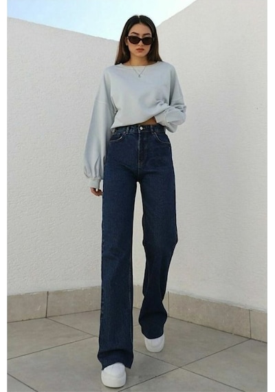 Camelia Gold Ikon 90's Koyu Mavi Lacivert Likralı Süper Extra Yüksek Bel Palazzo Salaş Jean Pantolon Koyu Mavi