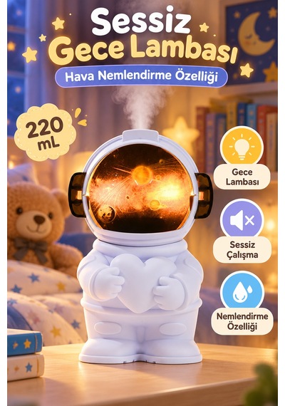 Exenar - Beyaz - Çocuk Odası Nemlendirci Gece Lambası Astronot Tasarımlı Hava Nemlendirici 220 Ml İnce Buhar Teknolojili Dekoratif