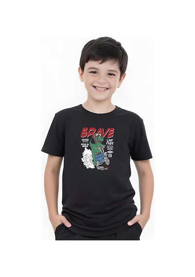 Panios Kids Brave Baskılı Erkek Çocuk Kısa Kollu Tişört Siyah