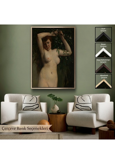 Çerçeveli Gustave Courbet - Dallara Tutunan Nü Kadın Tablosu-7364
