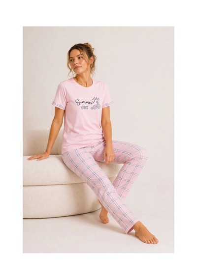 Ertaş Trend Sore Kadın Pamuklu Penye Summer Baskılı Kısa Kollu Pijama Takımı Ekose Desenli - Pembe Birden Fazla