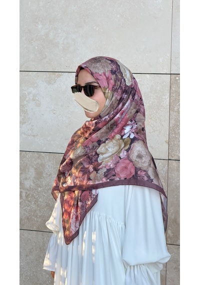 Qalortex Scarf Pamuklu Gonca Desen Eşarp - Gül Kurusu