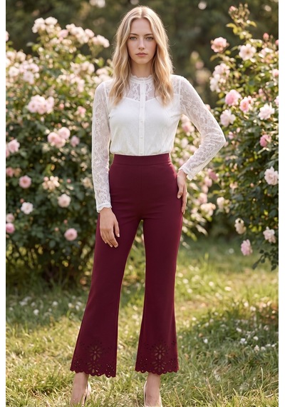 Soulshae Lazer Kesim Detaylı Yüksek Bel Krep Pantolon Bordo
