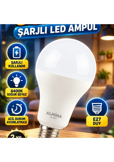 30w Şarjlı Led Ampul E27 Duy 6400k Soğuk Beyaz Acil Durum Aydınlatması